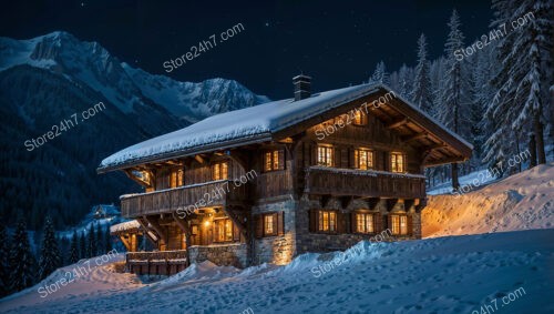 Charming Snowy Chalet Illuminated in Starry Winter Night