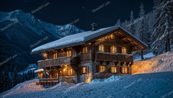 Charming Snowy Chalet Illuminated in Starry Winter Night