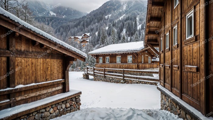 Charming Wooden Chalets Nestled in Snowy Alpine Village