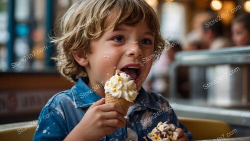 Cheerful child eating ice cream in a cozy cafe