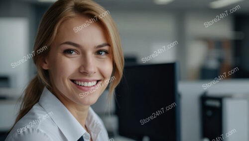 Cheerful Secretary in a Dynamic Corporate Office Setting