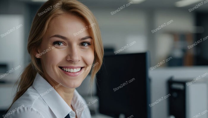 Cheerful Secretary in a Dynamic Corporate Office Setting