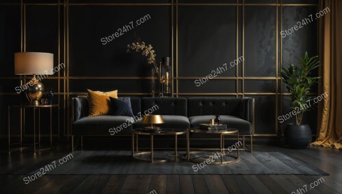 Chic Black and Gold Living Room with Modern Lighting