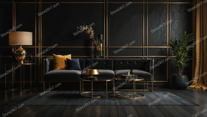 Chic Black and Gold Living Room with Modern Lighting