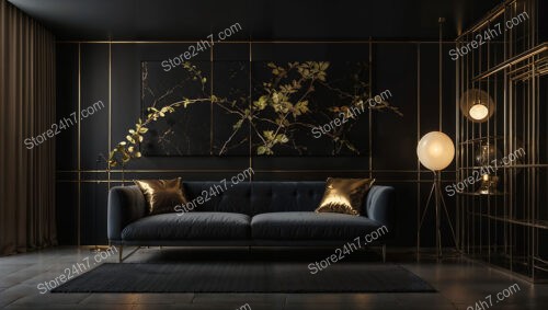 Chic Black and Gold Living Room with Nature-Inspired Decor