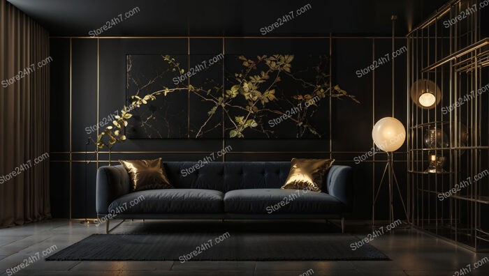 Chic Black and Gold Living Room with Nature-Inspired Decor