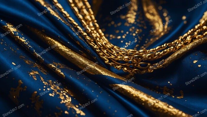 Close-Up of Blue Fabric with Golden Chains and Flecks