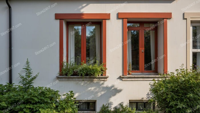 Close-Up of German House Windows with Red Trim and Greenery