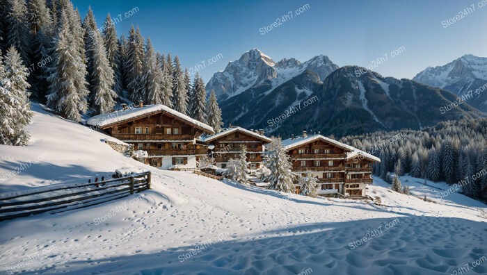 Cluster of Bavarian Ski Chalets Surrounded by Snowy Forests