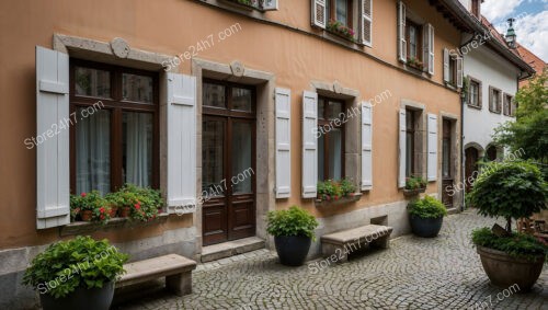 Colorful Bavarian House with White Shutters and Cobblestone Street