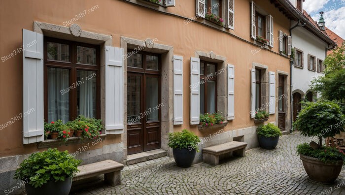 Colorful Bavarian House with White Shutters and Cobblestone Street