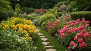 Colorful Garden Pathway with Lush Shrubs and Bright Flowers