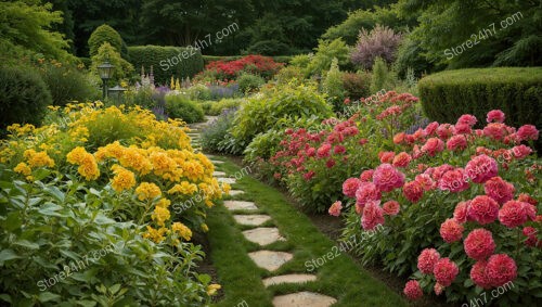 Colorful Garden Pathway with Lush Shrubs and Bright Flowers