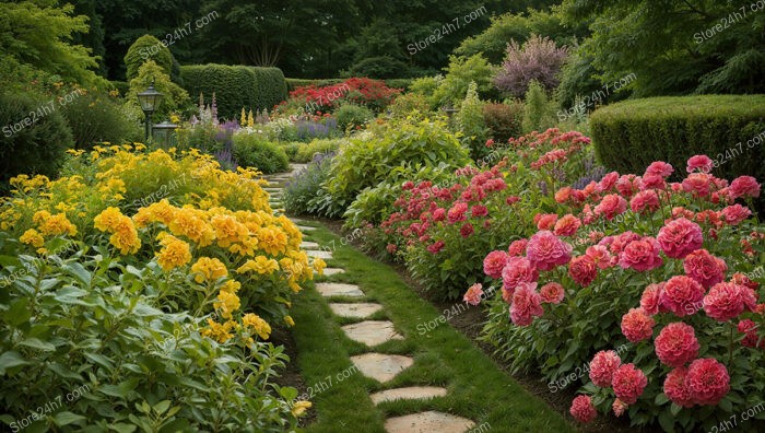 Colorful Garden Pathway with Lush Shrubs and Bright Flowers