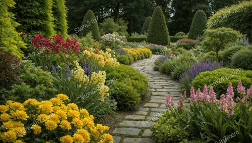 Colorful Garden Pathway with Vibrant Flowers and Manicured Shrubs