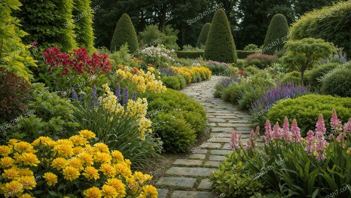 Colorful Garden Pathway with Vibrant Flowers and Manicured Shrubs