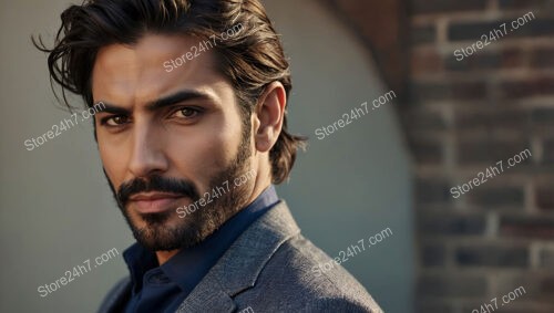 Confident Man in Gray Suit Against Brick Wall Backdrop