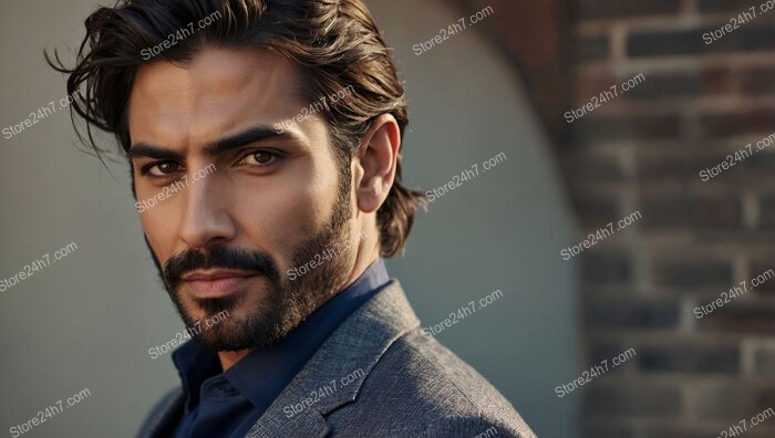 Confident Man in Gray Suit Against Brick Wall Backdrop