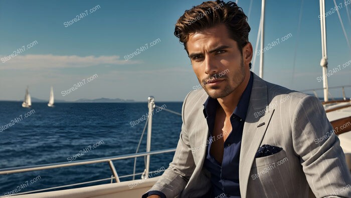 Confident Man in Gray Suit Gazing Across the Sea