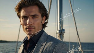 Confident Man in Gray Suit on a Stylish Yacht