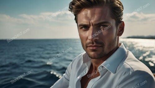 Confident Man in White Shirt on Yacht with Ocean Backdrop