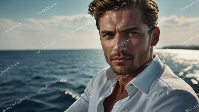 Confident Man in White Shirt on Yacht with Ocean Backdrop