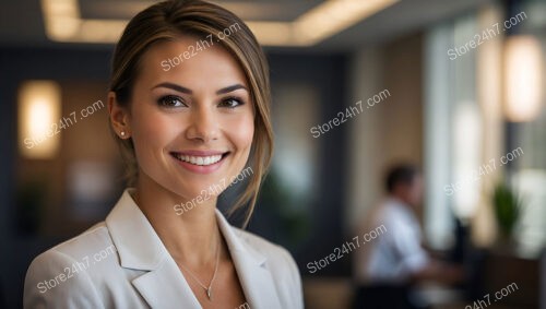 Confident Smiling Secretary in a Modern Corporate Office