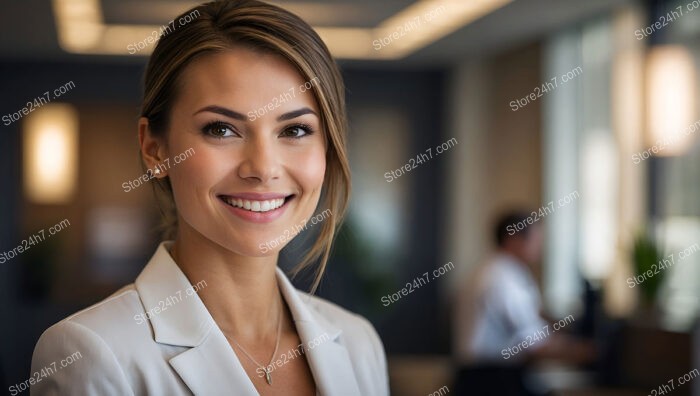 Confident Smiling Secretary in a Modern Corporate Office