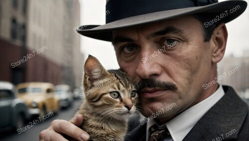 Confident Vintage Man in Suit Holding a Stray Kitten