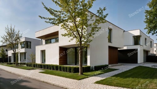 Contemporary German neighborhood with minimalist white homes and greenery