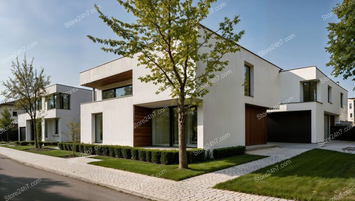 Contemporary German neighborhood with minimalist white homes and greenery