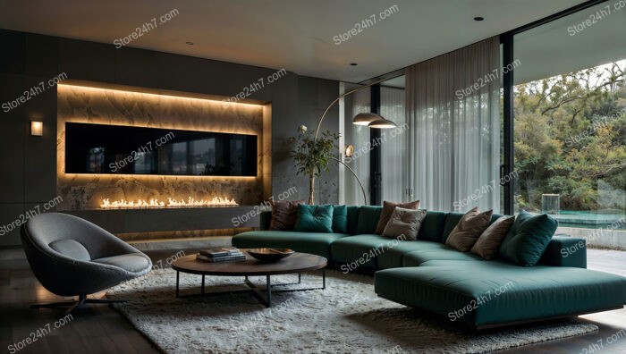 Contemporary Living Room with Modern Lighting and Cozy Ambiance