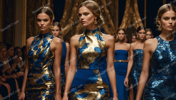 Couture Models in Blue and Gold on Runway