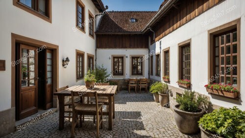 Cozy Bavarian Courtyard with Wooden Dining Set and Flower Pots