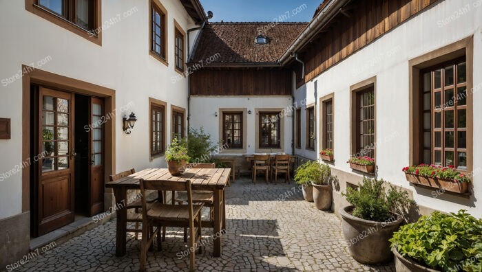 Cozy Bavarian Courtyard with Wooden Dining Set and Flower Pots