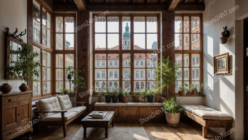 Cozy Bavarian Living Room with Large Windows and Greenery