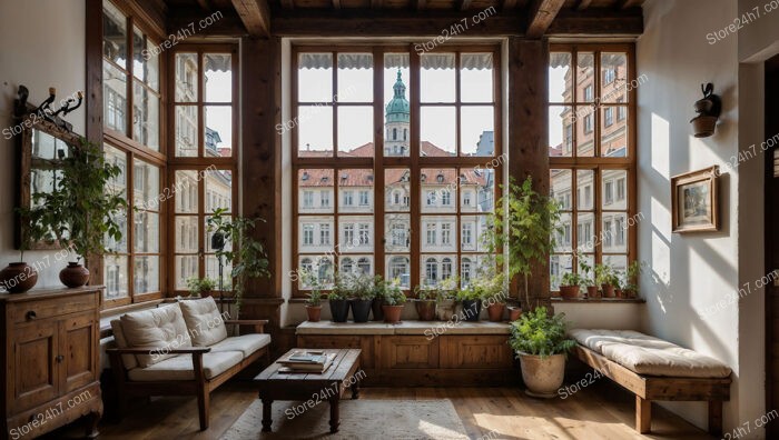 Cozy Bavarian Living Room with Large Windows and Greenery