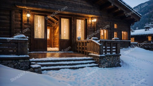 Cozy Chalet Entrance with Warm Lighting and Wooden Features