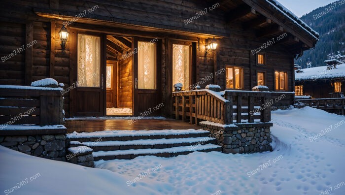 Cozy Chalet Entrance with Warm Lighting and Wooden Features