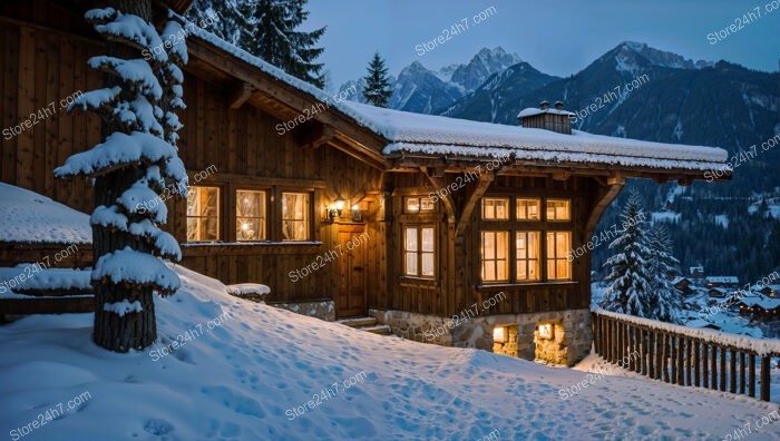 Cozy Chalet with Snow-Covered Roof and Warm Lights