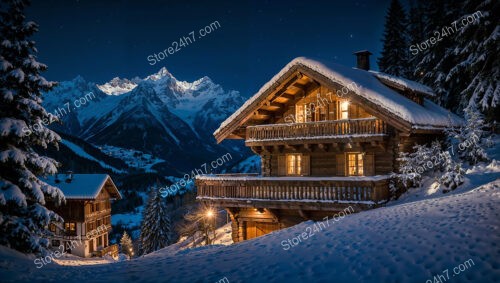 Cozy Chalet with Warm Lighting Amidst Snow-Capped Peaks