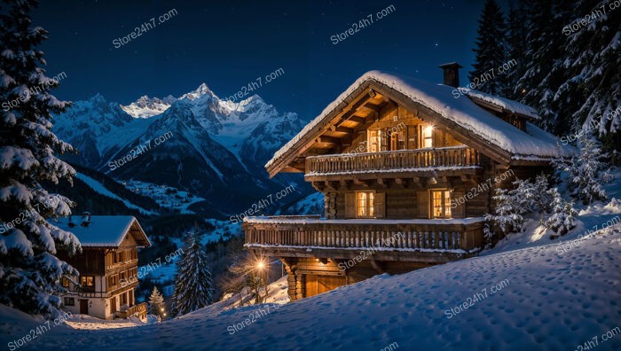 Cozy Chalet with Warm Lighting Amidst Snow-Capped Peaks