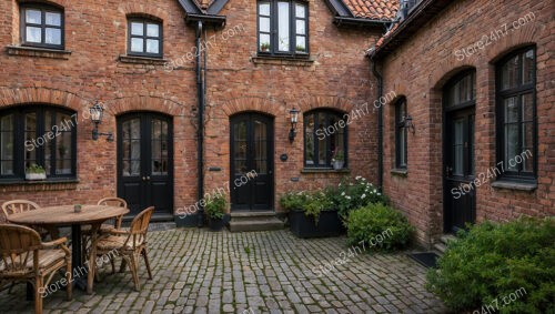 Cozy Gothic Brick Courtyard with Outdoor Seating Area