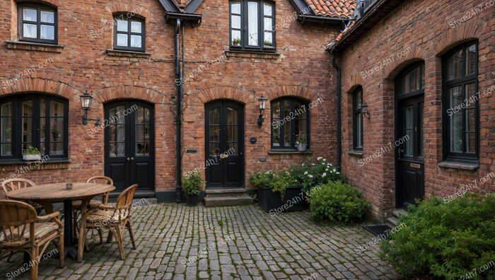 Cozy Gothic Brick Courtyard with Outdoor Seating Area