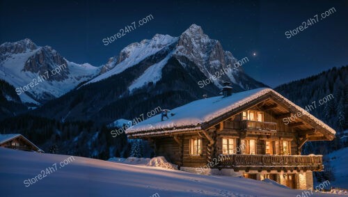 Cozy Wooden Chalet with Illuminated Windows and Snowy Landscape