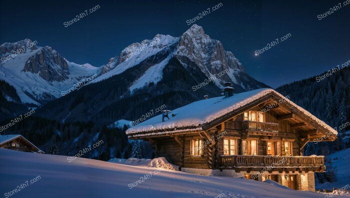 Cozy Wooden Chalet with Illuminated Windows and Snowy Landscape