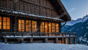 Cozy Wooden Chalet with Large Windows and Winter Landscape