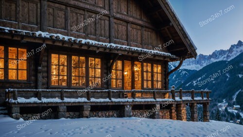 Cozy Wooden Chalet with Large Windows and Winter Landscape