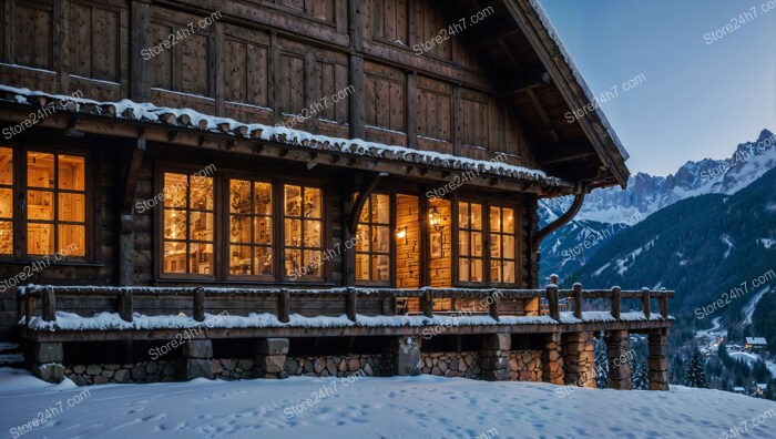 Cozy Wooden Chalet with Large Windows and Winter Landscape