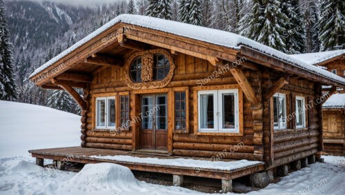 Cozy Wooden Chalet with Snow-Covered Roof and Intricate Carvings